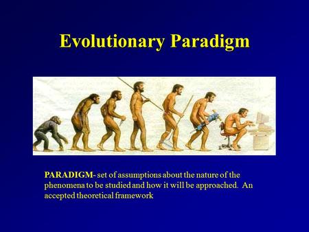 Evolutionary Paradigm PARADIGM- set of assumptions about the nature of the phenomena to be studied and how it will be approached. An accepted theoretical.