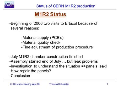Status of CERN M1R2 production LHCb Muon meeting sept.061Thomas Schneider -Beginning of 2006 two visits to Erbicol because of several reasons: -Material.