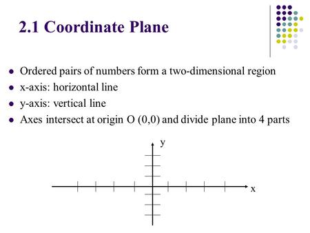 Ordered pairs of numbers form a two-dimensional region x-axis: horizontal line y-axis: vertical line Axes intersect at origin O (0,0) and divide plane.