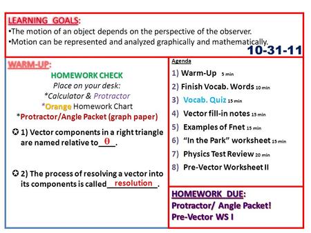 Agenda 1)Warm-Up 5 min 2)Finish Vocab. Words 10 min 3)Vocab. Quiz 15 min 4)Vector fill-in notes 15 min 5)Examples of Fnet 15 min 6)“In the Park” worksheet.