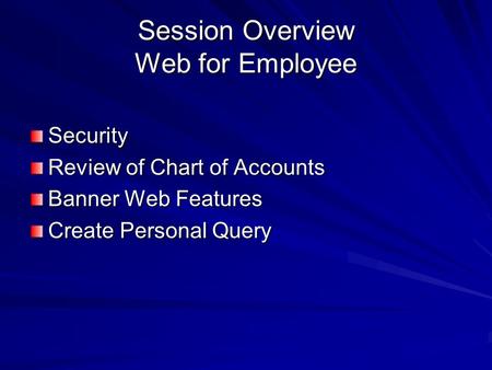 Session Overview Web for Employee Security Review of Chart of Accounts Banner Web Features Create Personal Query.
