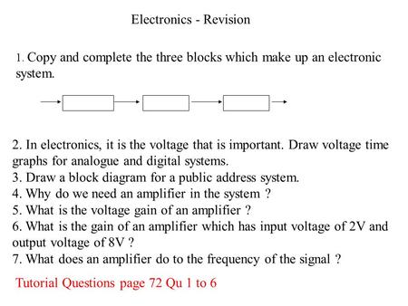 Electronics - Revision 2. In electronics, it is the voltage that is important. Draw voltage time graphs for analogue and digital systems. 3. Draw a block.
