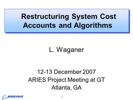 ARIES Project Meeting, L. M. Waganer, 12-13 Dec 2007 Page 1 Restructuring System Cost Accounts and Algorithms L. Waganer 12-13 December 2007 ARIES Project.