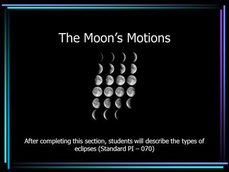 The Moon’s Motions After completing this section, students will describe the types of eclipses (Standard PI – 070)