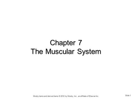 Slide 1 Mosby items and derived items © 2012 by Mosby, Inc., an affiliate of Elsevier Inc. Chapter 7 The Muscular System.
