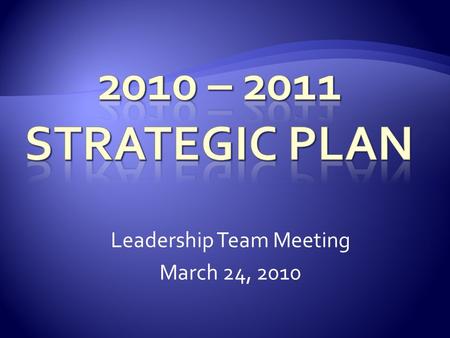Leadership Team Meeting March 24, 2010.  Project Based Approach  Cross Functional Project Teams  Projects Support Multiple Operational Expectations.