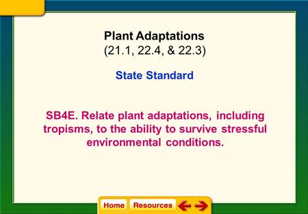 State Standard SB4E. Relate plant adaptations, including tropisms, to the ability to survive stressful environmental conditions. Plant Adaptations (21.1,