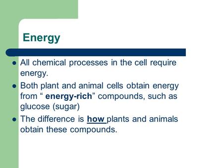 Energy All chemical processes in the cell require energy. Both plant and animal cells obtain energy from “ energy-rich” compounds, such as glucose (sugar)