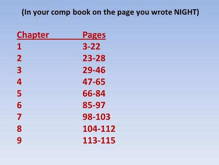 (In your comp book on the page you wrote NIGHT) ChapterPages 13-22 223-28 329-46 447-65 566-84 685-97 798-103 8104-112 9113-115.