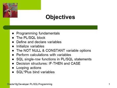 Oracle10g Developer: PL/SQL Programming1 Objectives Programming fundamentals The PL/SQL block Define and declare variables Initialize variables The NOT.