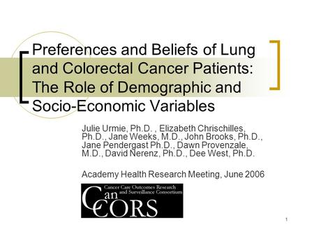 1 Preferences and Beliefs of Lung and Colorectal Cancer Patients: The Role of Demographic and Socio-Economic Variables Julie Urmie, Ph.D., Elizabeth Chrischilles,