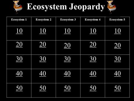 Ecosystem Jeopardy Ecosystem 1Ecosystem 2Ecosystem 3Ecosystem 4Ecosystem 5 10 20 30 40 50 10.