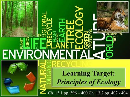 Learning Target: Principles of Ecology Learning Target: Principles of Ecology Ch. 13.1 pp. 396 – 400 Ch. 13.2 pp. 402 - 404.