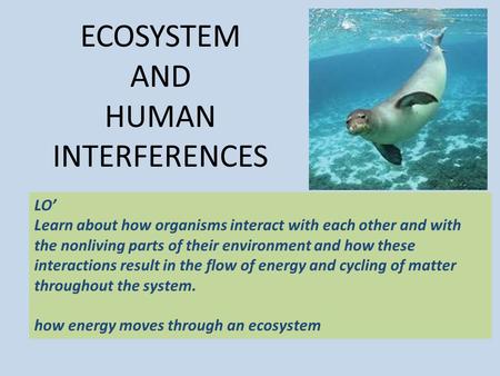 ECOSYSTEM AND HUMAN INTERFERENCES LO’ Learn about how organisms interact with each other and with the nonliving parts of their environment and how these.