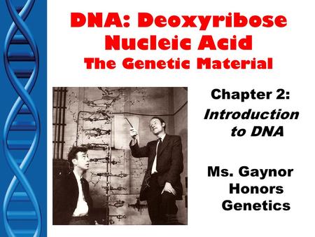 DNA: Deoxyribose Nucleic Acid The Genetic Material Chapter 2: Introduction to DNA Ms. Gaynor Honors Genetics.