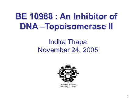 1 BE 10988 : An Inhibitor of DNA –Topoisomerase II Indira Thapa November 24, 2005.