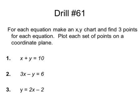 Drill #61 For each equation make an x,y chart and find 3 points for each equation. Plot each set of points on a coordinate plane. 1.x + y = 10 2.3x – y.