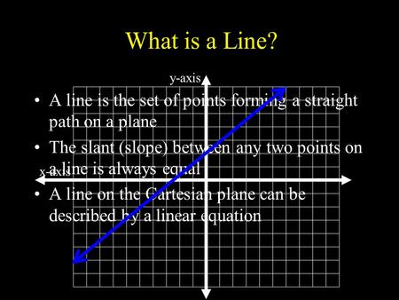 What is a Line? A line is the set of points forming a straight path on a plane The slant (slope) between any two points on a line is always equal A line.