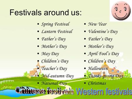 Festivals around us: Spring Festival Lantern Festival Father’s Day Mother’s Day May Day Children’s Day Teacher’s Day Mid-autumn Day National Day New Year.