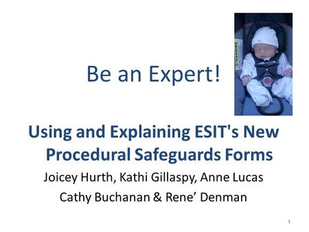Be an Expert! Using and Explaining ESIT's New Procedural Safeguards Forms Joicey Hurth, Kathi Gillaspy, Anne Lucas Cathy Buchanan & Rene’ Denman 1.