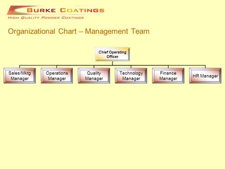 Organizational Chart – Management Team Chief Operating Officer Sales/Mktg Manager Operations Manager Quality Manager Technology Manager Finance Manager.