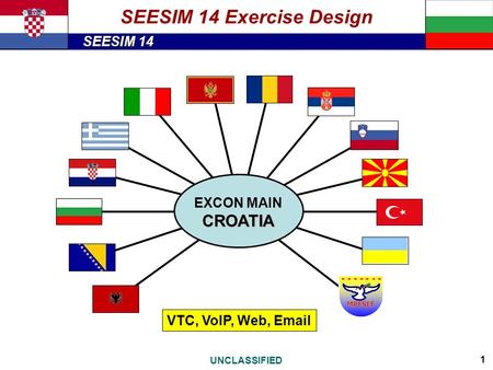 SEESIM 14 UNCLASSIFIED 1 CROATIA EXCON MAIN CROATIA Zagreb, August 2013 CAF GS, Command Operations Centre VTC, VoIP, Web, Email SEESIM 14 Exercise Design.