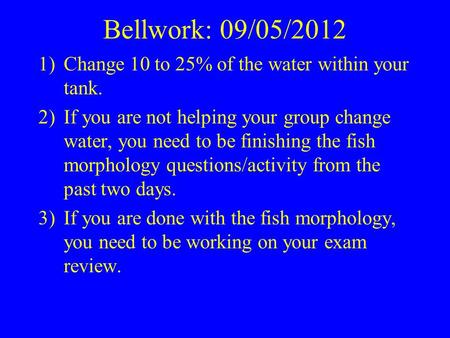 Bellwork: 09/05/2012 1)Change 10 to 25% of the water within your tank. 2)If you are not helping your group change water, you need to be finishing the fish.