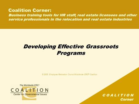 C O A L I T I O N Corner Developing Effective Grassroots Programs Coalition Corner: Business training tools for HR staff, real estate licensees and other.