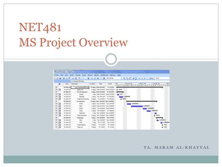 TA. MARAM AL-KHAYYAL NET481 MS Project Overview. Outline Introduction to project management.  Project 2007 can help you manage project time, resources,