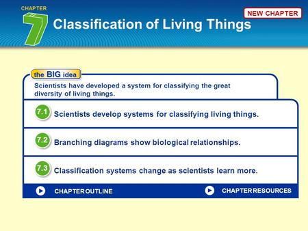 Classification of Living Things CHAPTER the BIG idea Scientists have developed a system for classifying the great diversity of living things. Scientists.