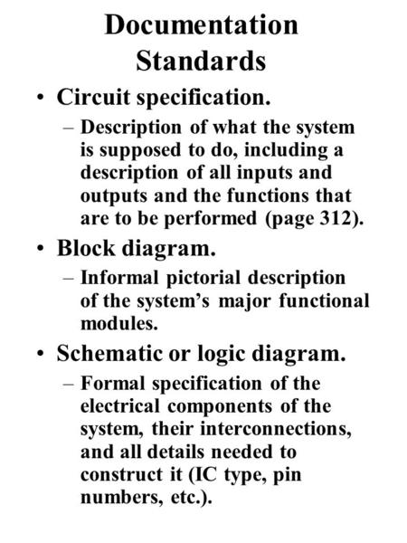 Documentation Standards Circuit specification. –Description of what the system is supposed to do, including a description of all inputs and outputs and.