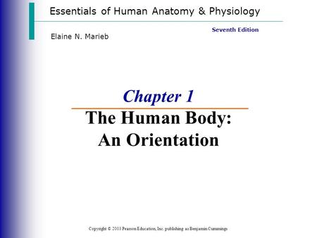 Essentials of Human Anatomy & Physiology Copyright © 2003 Pearson Education, Inc. publishing as Benjamin Cummings Seventh Edition Elaine N. Marieb Chapter.