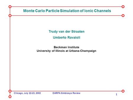 Chicago, July 22-23, 2002DARPA Simbiosys Review 1 Monte Carlo Particle Simulation of Ionic Channels Trudy van der Straaten Umberto Ravaioli Beckman Institute.