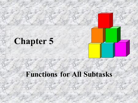 Chapter 5 Functions for All Subtasks. Slide 5- 2 Overview 5.1 void Functions 5.2 Call-By-Reference Parameters 5.3 Using Procedural Abstraction 5.4 Testing.