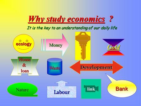 It is the key to an understanding of our daily life ecology Waste Gold House&loan Bank linkMoney Nature Development Labour Why study economics ?