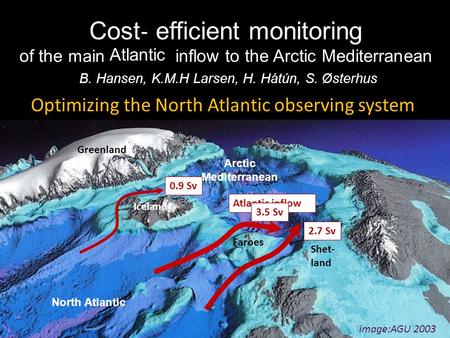 AGU, 2003 Greenland Iceland Shet- land Faroes image:AGU 2003 Cost ‐ efficient monitoring of the main Atlantis inflow to the Arctic Mediterranean B. Hansen,