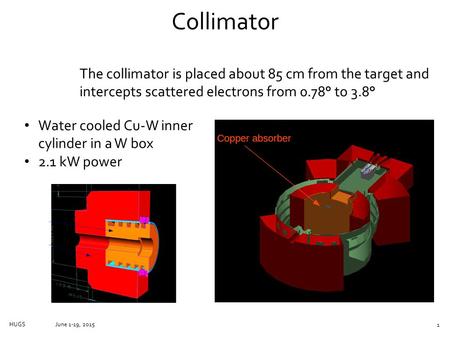 Collimator June 1-19, 2015HUGS The collimator is placed about 85 cm from the target and intercepts scattered electrons from 0.78° to 3.8° Water cooled.