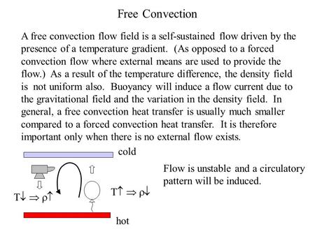Free Convection A free convection flow field is a self-sustained flow driven by the presence of a temperature gradient. (As opposed to a forced convection.