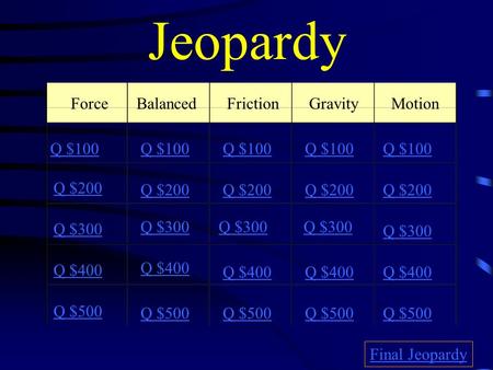 Jeopardy ForceBalancedFrictionGravity Motion Q $100 Q $200 Q $300 Q $400 Q $500 Q $100 Q $200 Q $300 Q $400 Q $500 Final Jeopardy.