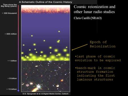 Epoch of Reionization last phase of cosmic evolution to be explored bench-mark in cosmic structure formation indicating the first luminous structures Cosmic.