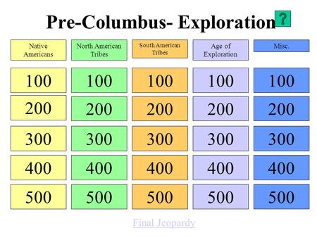 Pre-Columbus- Exploration 100 200 300 400 500 100 200 300 400 500 100 200 300 400 500 100 200 300 400 500 100 200 300 400 500 Native Americans North American.