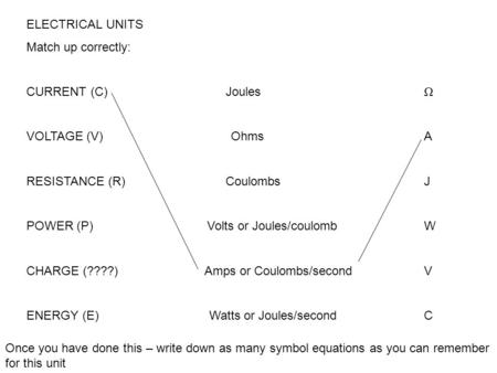 ELECTRICAL UNITS Match up correctly: CURRENT (C) Joules				Ω