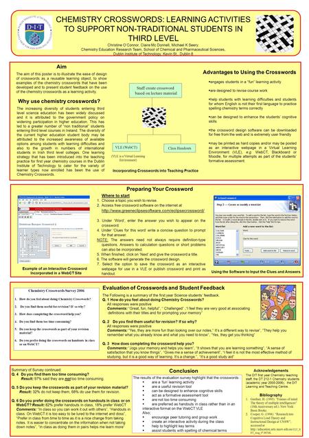 CHEMISTRY CROSSWORDS: LEARNING ACTIVITIES TO SUPPORT NON-TRADITIONAL STUDENTS IN THIRD LEVEL Christine O’Connor, Claire Mc Donnell, Michael K Seery. Chemistry.