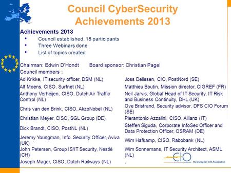 Council CyberSecurity Achievements 2013 Achievements 2013 Council established, 18 participants Three Webinars done List of topics created Chairman: Edwin.