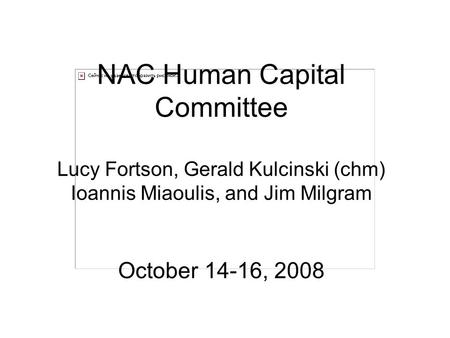 NAC Human Capital Committee Lucy Fortson, Gerald Kulcinski (chm) Ioannis Miaoulis, and Jim Milgram October 14-16, 2008.