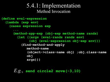 5.4.1: Implementation Method Invocation (define eval-expression (lambda (exp env) (cases expression exp... (method-app-exp (obj-exp method-name rands)