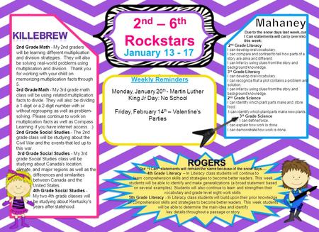 2 nd – 6 th Rockstars January 13 - 17 Weekly Reminders Our “I Can” statements will remain the same because of the snow days…. 4th Grade Literacy – In Literacy.