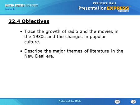 22.4 Objectives Trace the growth of radio and the movies in the 1930s and the changes in popular culture. Describe the major themes of literature in.