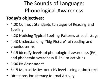 The Sounds of Language: Phonological Awareness Today’s objectives: 4:00 Connect Standards to Stages of Reading and Spelling 4:20 Noticing Typical Spelling.