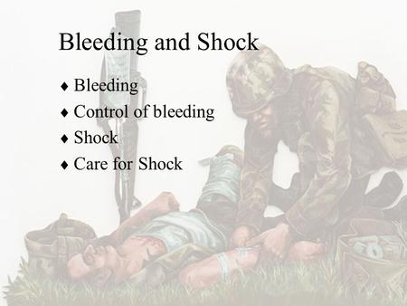 Bleeding and Shock  Bleeding  Control of bleeding  Shock  Care for Shock.